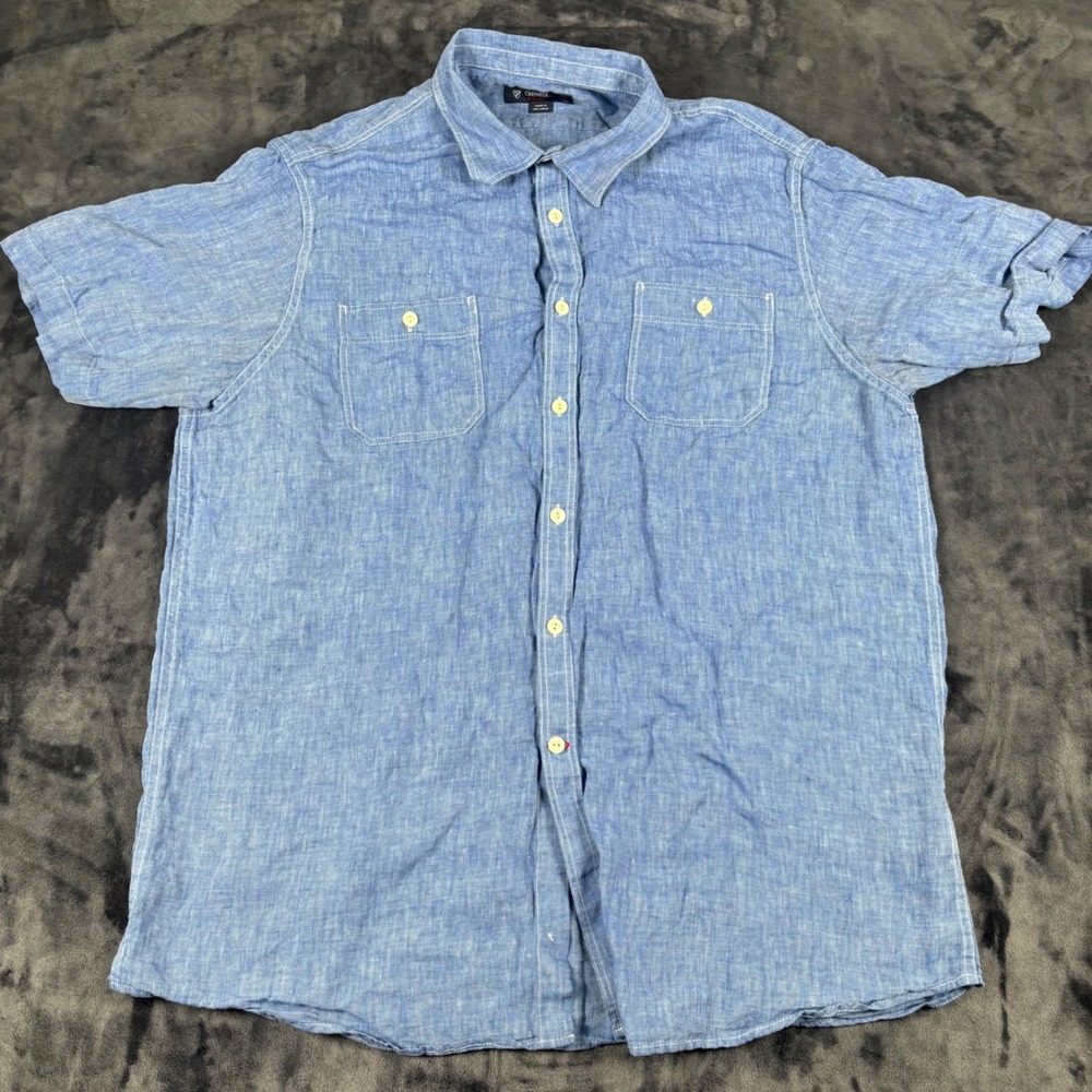 Cremieux Button Down Shirt Mens XL Blue Short Sleeve 100% Linen Dual Pockets